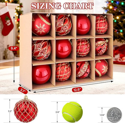 EveryMerry 12-Pack 3.1 Inch Christmas Ornaments Set - Red & Gold Ornament Balls with 5 Various Designs, Decorations with Strings, Sturdy, Kraft Box with Lid for Xmas Tree, Holiday Party & Home Decor