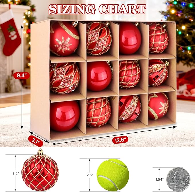 EveryMerry 24-Pack 3.1 Inch Christmas Ornaments Set - Red & Gold Ornament Balls with 5 Various Designs, Decorations with Strings, Sturdy, Kraft Box with Lid for Xmas Tree, Holiday Party & Home Decor