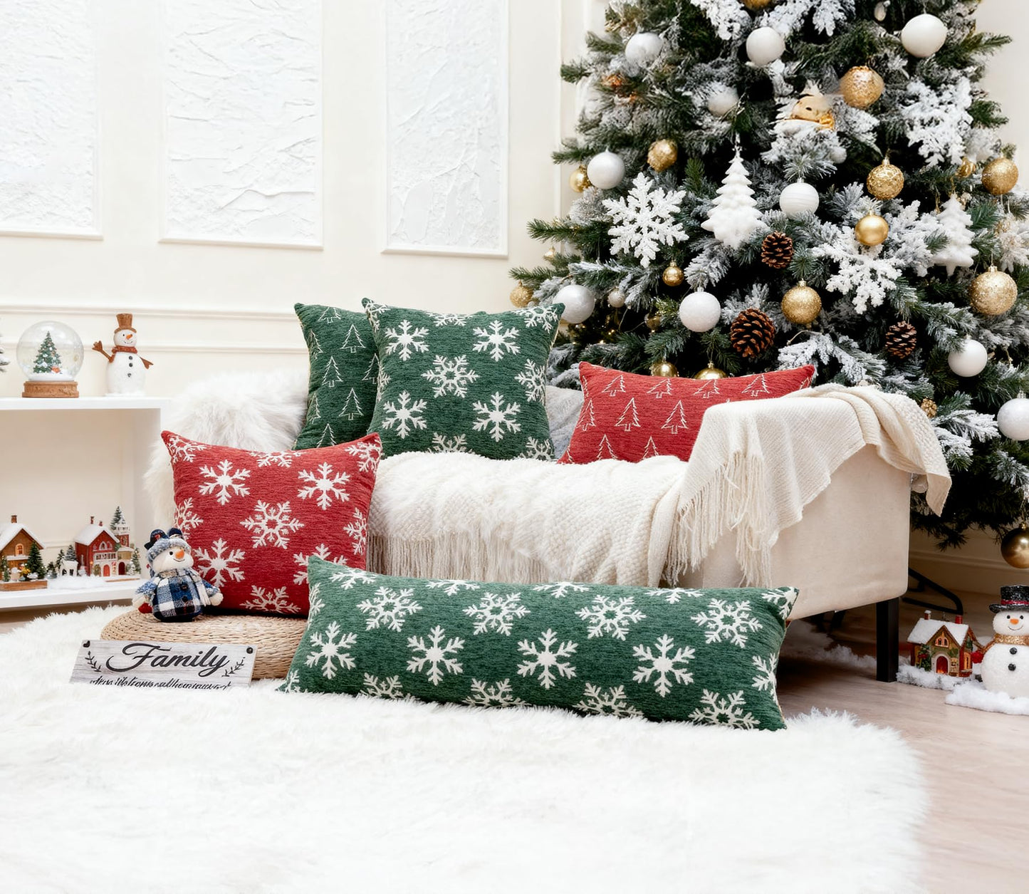 Auomily Christmas Chenille Pillow Covers 20x20 Set of 2, Reversible Snowflake & Tree Design, Cozy Farmhouse Holiday Throw Pillowcases with Hidden Zipper for Sofa, Couch and Bed(Red,20x20)