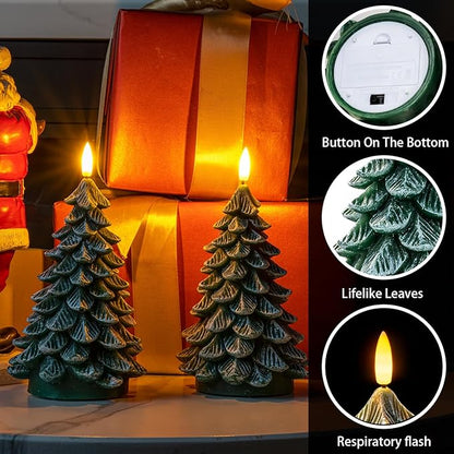 Homemory Christmas Tree Candles with 6 Hours Timer, 2 Pcs Waxy LED Flameless Candles Flickering, Green Electric Candles Battery Operated for New Year Celebration Holiday Decorations 8.5 Inches