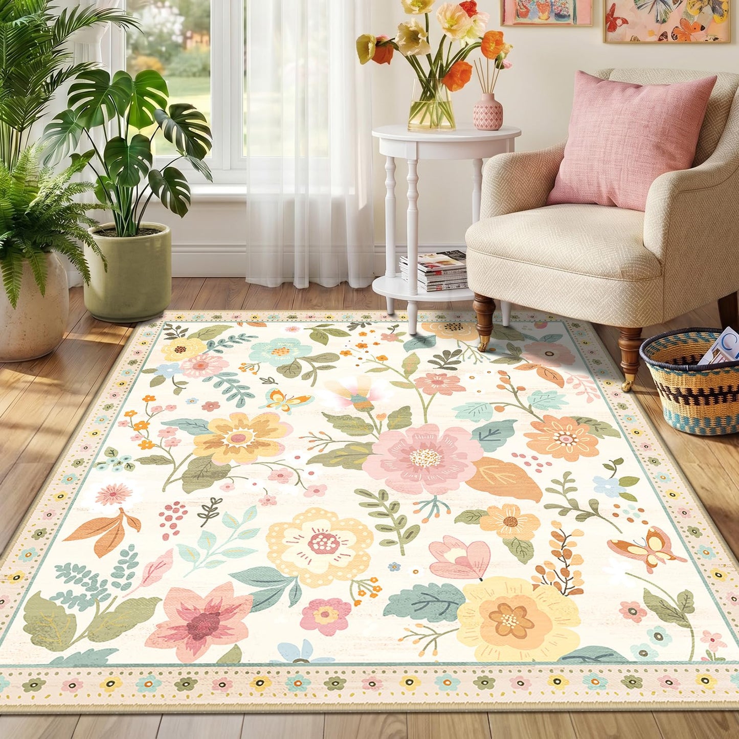 RELEANY Floral Square 5ft Area Rugs Washable Print Boho Cute Carpet Non Slip Flower Low Pile for Living Room Bedroom Kitchen Office Farmhouse-Beige/White/Orange