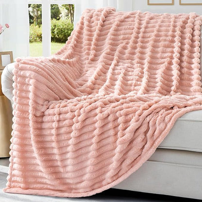 decorUhome Soft Fleece Pink Blanket Queen Size for Bed, Cozy Fluffy Plush Flannel Large Striped Throws for Couch Sofa, Lightweight Decorative Fuzzy Blanket for Woman, 90x90 Inches