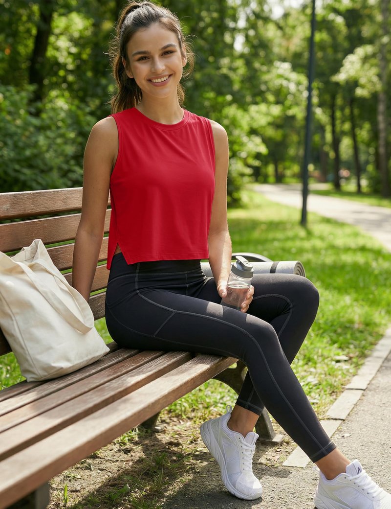 MAGCOMSEN Tank Tops for Women Quick Dry Basic Sleeveless Workout Cropped T-Shirts Athletic Tops with Side Slits Red L