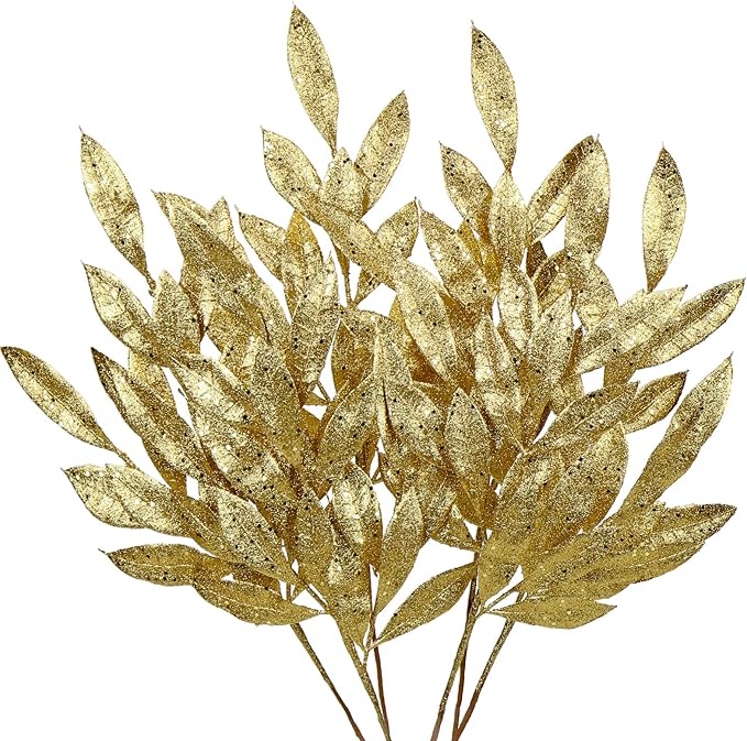 DILATATA 6Pcs Christmas Glitter Leaves Bay Leaves Spray 24" Artificial Gold Bay Leaf Picks Sprays Giltter Stems for Christmas Tree DIY Xmas Wreath Garland Home Decor - Gold