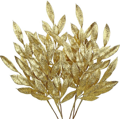 DILATATA 6Pcs Christmas Glitter Leaves Bay Leaves Spray 24" Artificial Gold Bay Leaf Picks Sprays Giltter Stems for Christmas Tree DIY Xmas Wreath Garland Home Decor - Gold