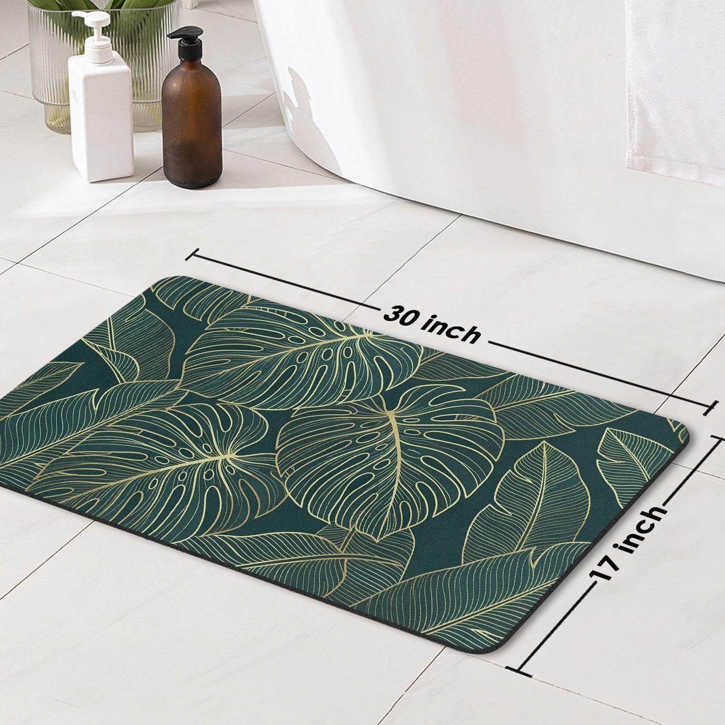 Arttown Tropical Leaves Bath Mat for Bathroom, Golden and Green Palm Leaf Quick Dry and Super Absorbent Bath Mat Rugs, Non Slip Rubber Backing Floor Rug 17x30 Inches for Kitchen Bedroom Indoor