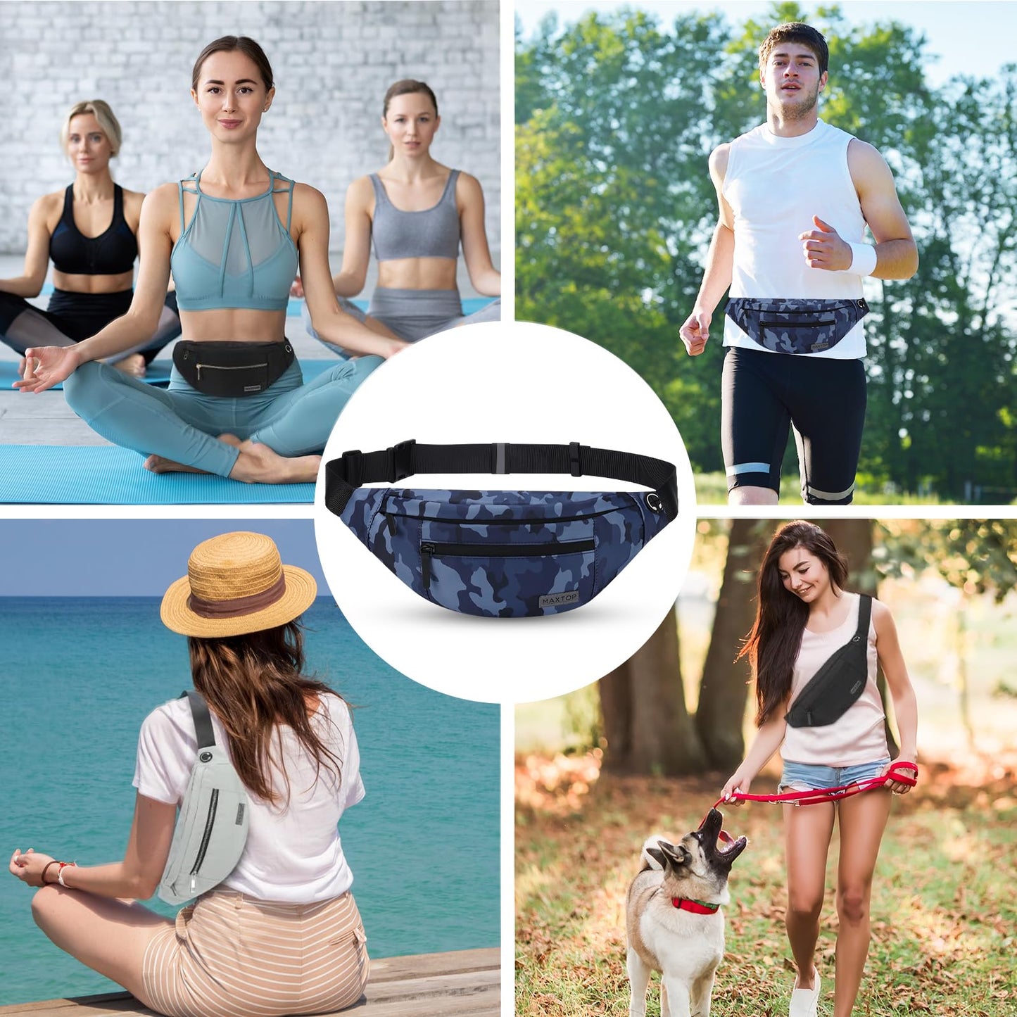 MAXTOP Large Fanny Pack Cross Body Bag Lightweight Belt Bag with Headphone Jack and 4-Zipper Pockets Adjustable Straps for Sports Workout Traveling Running Casual