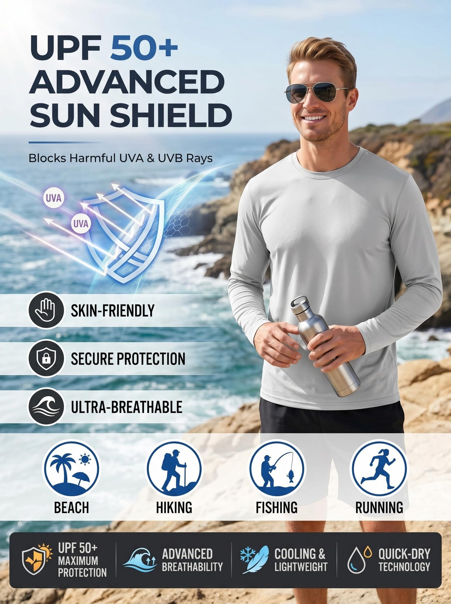6 Pack Men's Quick Dry Long Sleeve Shirts Moisture Wicking Sun Protection UV UPF SPF Performance T-Shirt for Casual Workout L