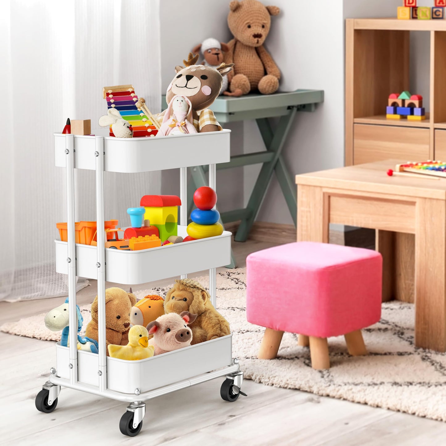 Simple Houseware 3-Tier Compact Utility Rolling Cart, Low 24” Height Fits Under Desk, Space-Saving Storage for Home Office, Dining Room, or Kitchen, White
