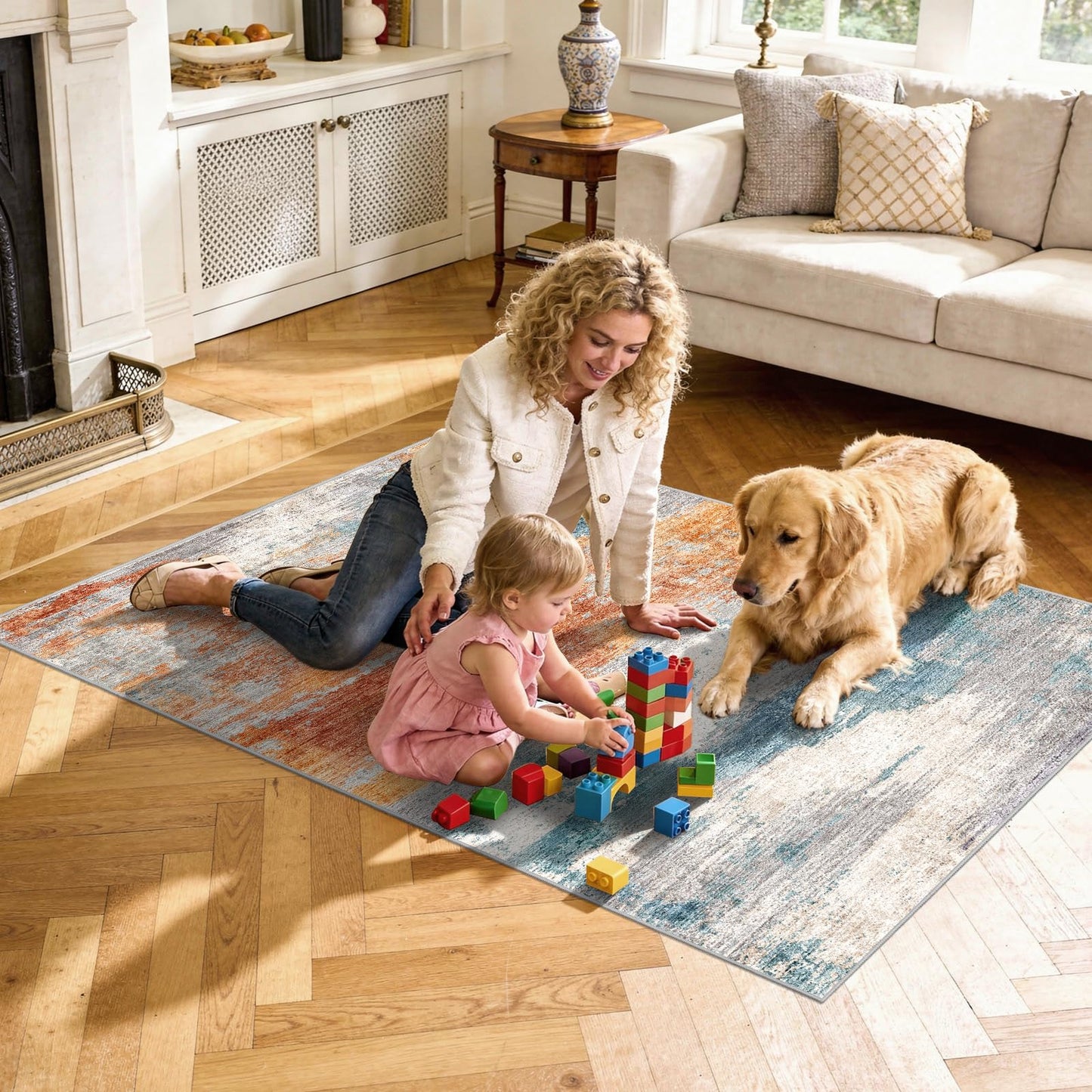 Abstract 3x5 Washable Rug: Modern Non Slip Area Rug Soft Carpet Foldable Distressed Stain Resistant Neutral Rugs for Hallway Living Room Bedroom Decor Indoor Small Farmhouse Rug 3'x5' Blue Brick