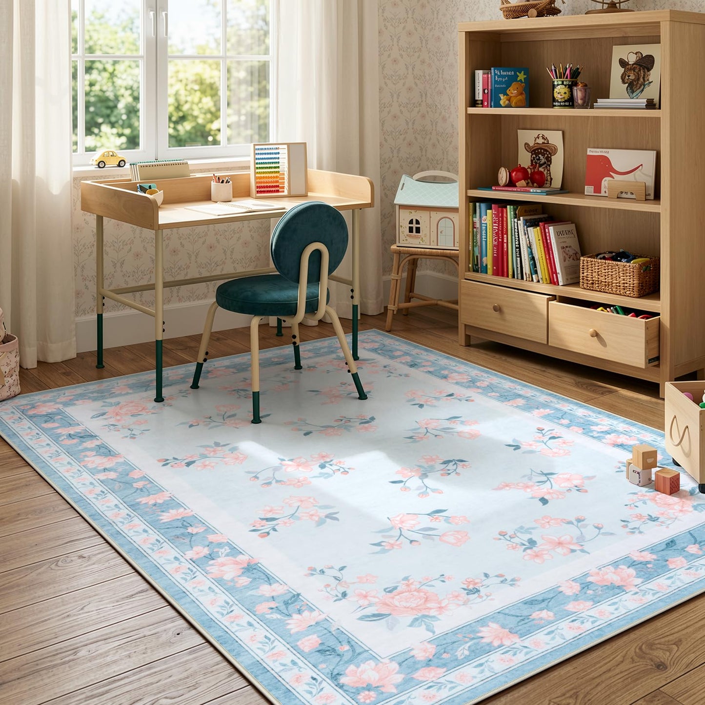 LIVEBOX Washable Area Rug 5x7 - French Country Living Room Rug Non-Slip Nursery Rugs for Boy Girls Bedroom, Soft Carpet Floral Rugs for Play Room Office, Light Blue