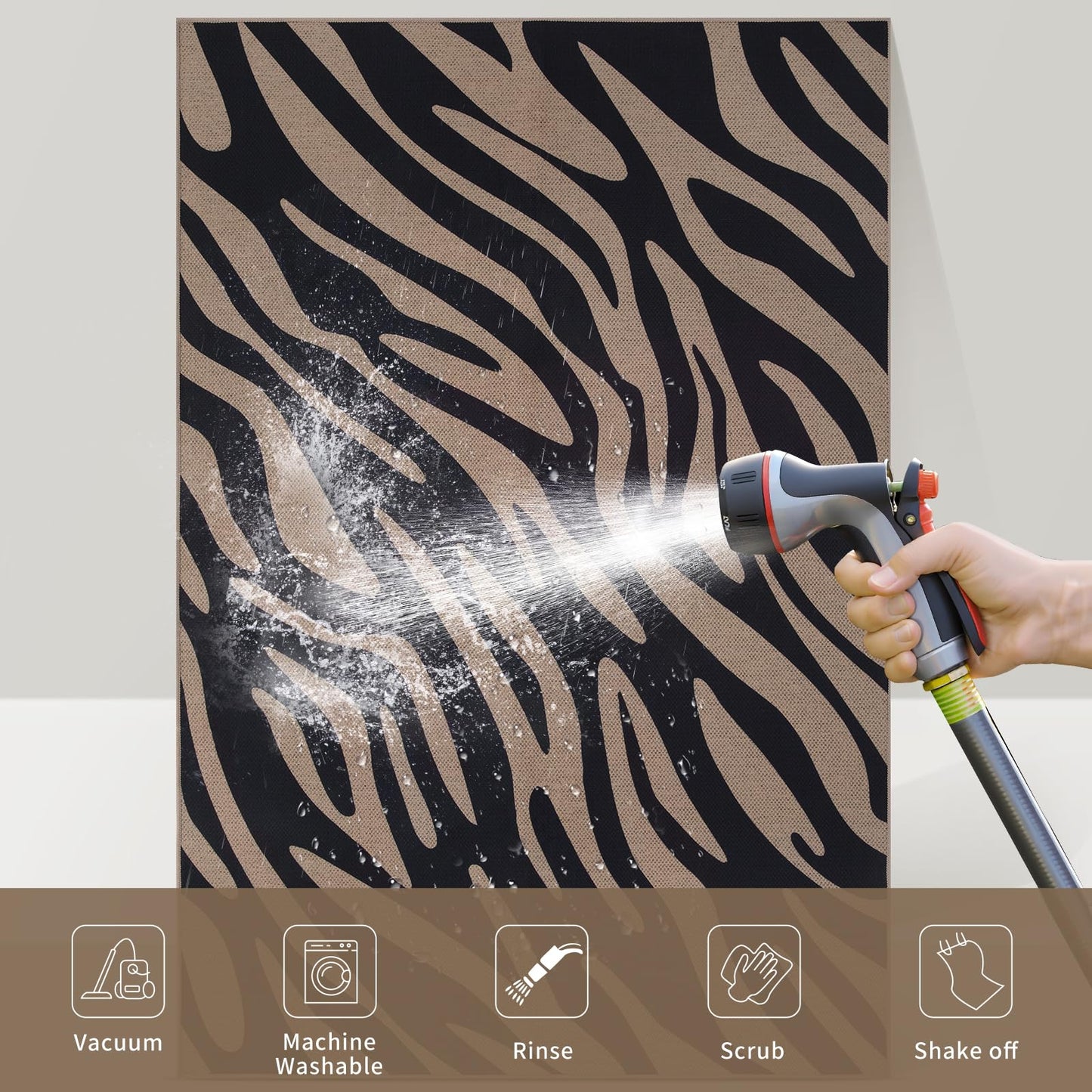 Tangsoo Modern Easy Jute 5x7 Large Washable Area Rugs for Dining Room,Black Non-Slip Thin Indoor Outdoor Rug,Neutral Zebra Pattern Print Mat for Living Room Home Office Backyard Patio