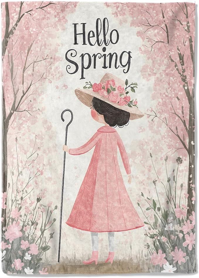 Spring Blossom Fleece Blanket - 40x50in Cute Girl in a Pink Dress Throw Blankets,Soft Cozy Lightweight, Ideal for Bed Living Room Home Whimsical Decor and Kids Women Gifts