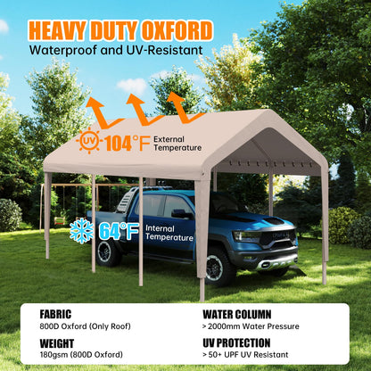Carport Canopy 10'x20' Heavy Duty Replacement Cover, Garage Shelter Cover 800D Oxford Waterproof & UV Protected Tarp with Ball Bungees, Not Include Frame - Beige