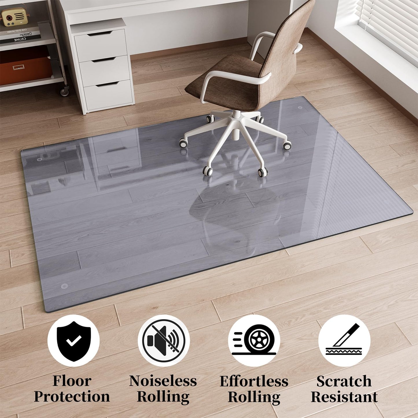 FlyEcho Glass Chair Mat 36" x 55" Heavy Duty Tempered Glass Office Chair Mat, Glass Floor Mat with Round Corner and Polished Edge for Smooth Glide, Office Chair Mat for Carpet, Hardwood Floor, Grey