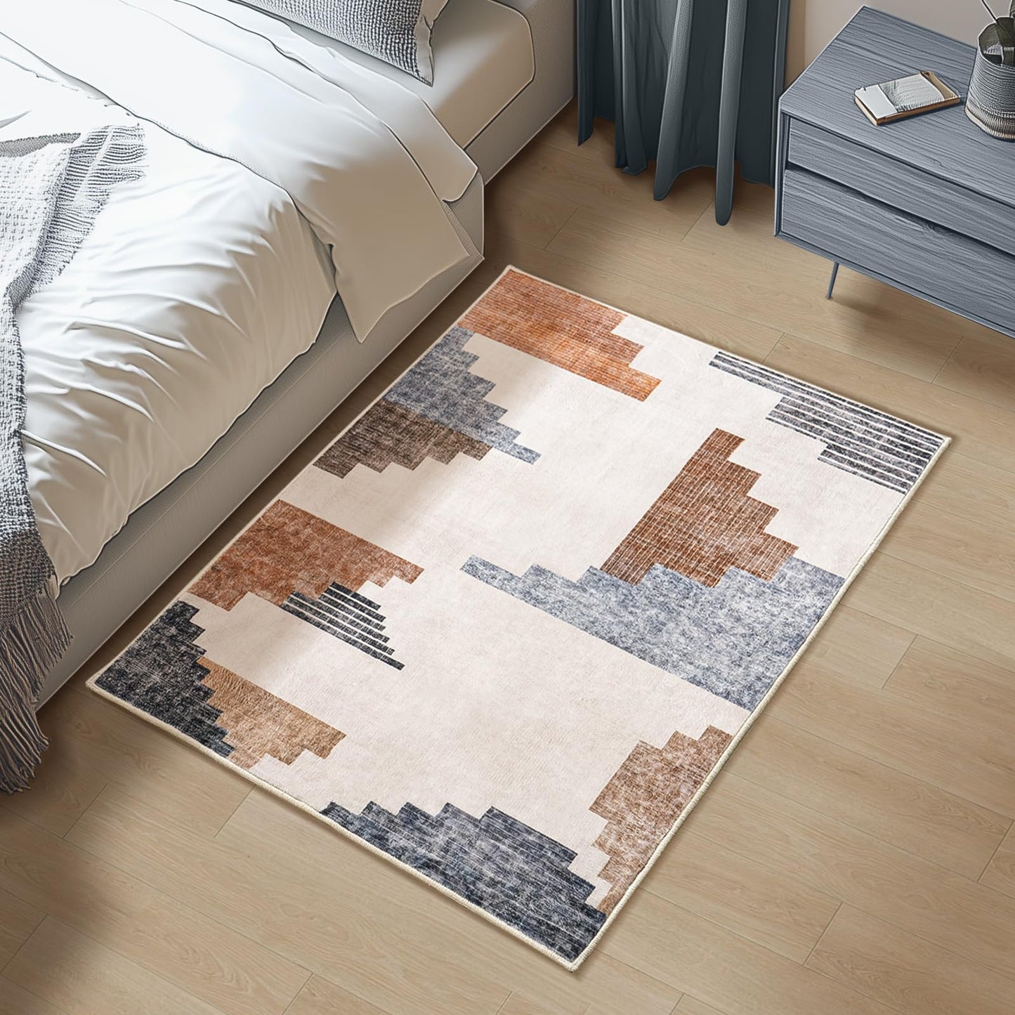 Dssimo Geometric Abstract Area Rug, Pyramid Ladder Design Modern Blue and Brown Rugs, Low Pile Carpet, Home Office Decor Contemporary Accent Throw Rug for Bedroom Kitchen Entryway Bathroom, Blue 2x3