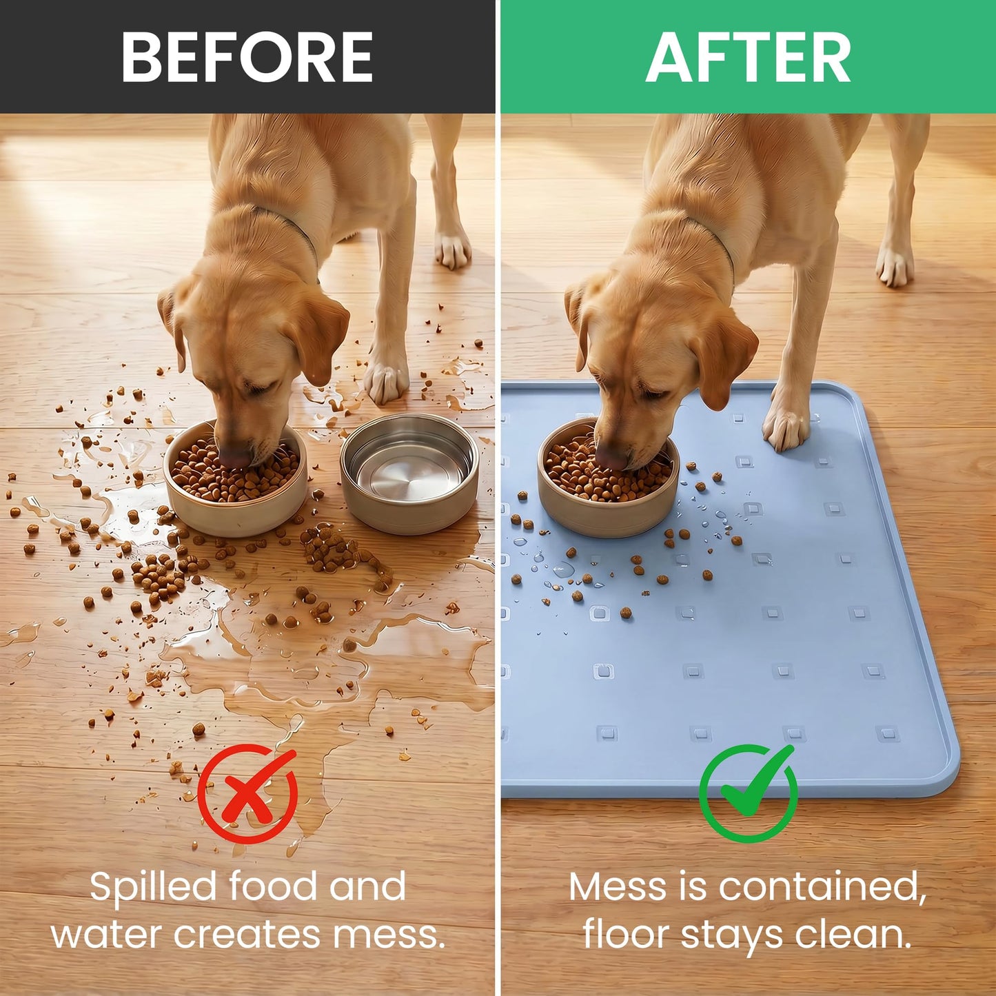 TCULOSD Silicone Pet Feeding Mat, 26x18 Inch Waterproof Dog Bowl Mat – Non-Slip, Machine Washable, Thin 0.23 Inch Edge for Messy Eaters, Protects Hardwood & Tile Floors, Blue