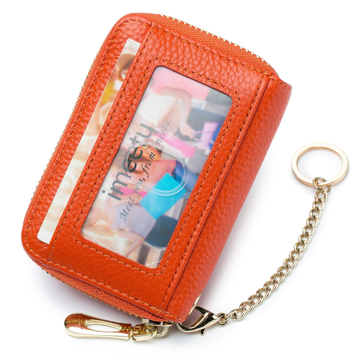 imeetu RFID Credit Card Holder, Small Leather Zipper Card Case Wallet with Keychain and ID Window for Women (Pro,Orange)