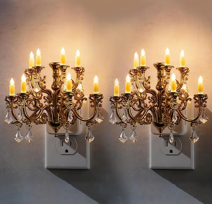 L LOHAS LED Night Lights Plug into Wall,2 Pack,Crystal Chandelier Candle Nightlight with Dusk to Dawn Sensor,Brightness Adjustable,3000K Soft White,Rotatable Plug Addtion for Home Decor,Hallway