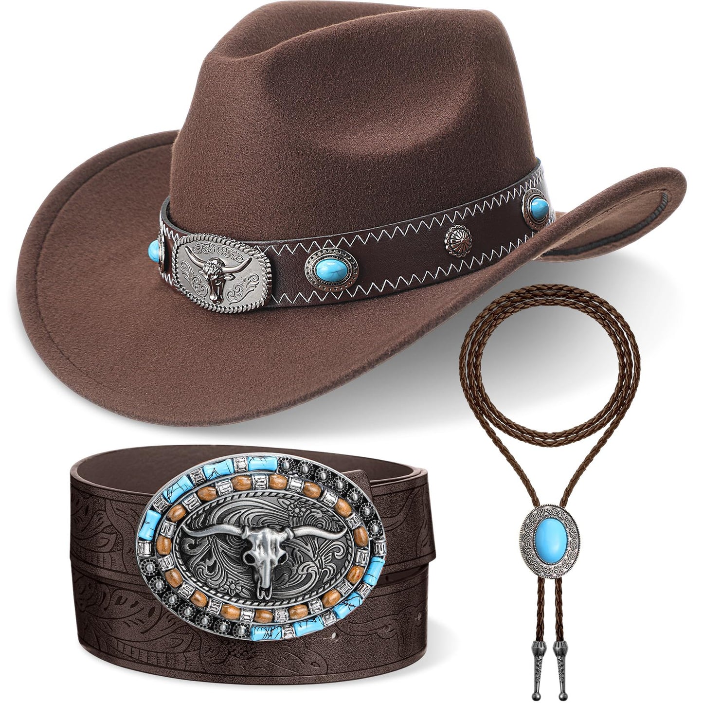 Shyyween 3 Pcs Western Accessories Set for Women Men Wide Brim Cowboy Hat, Cowgirl Leather Necktie Necklace, Western Belts(Brown)