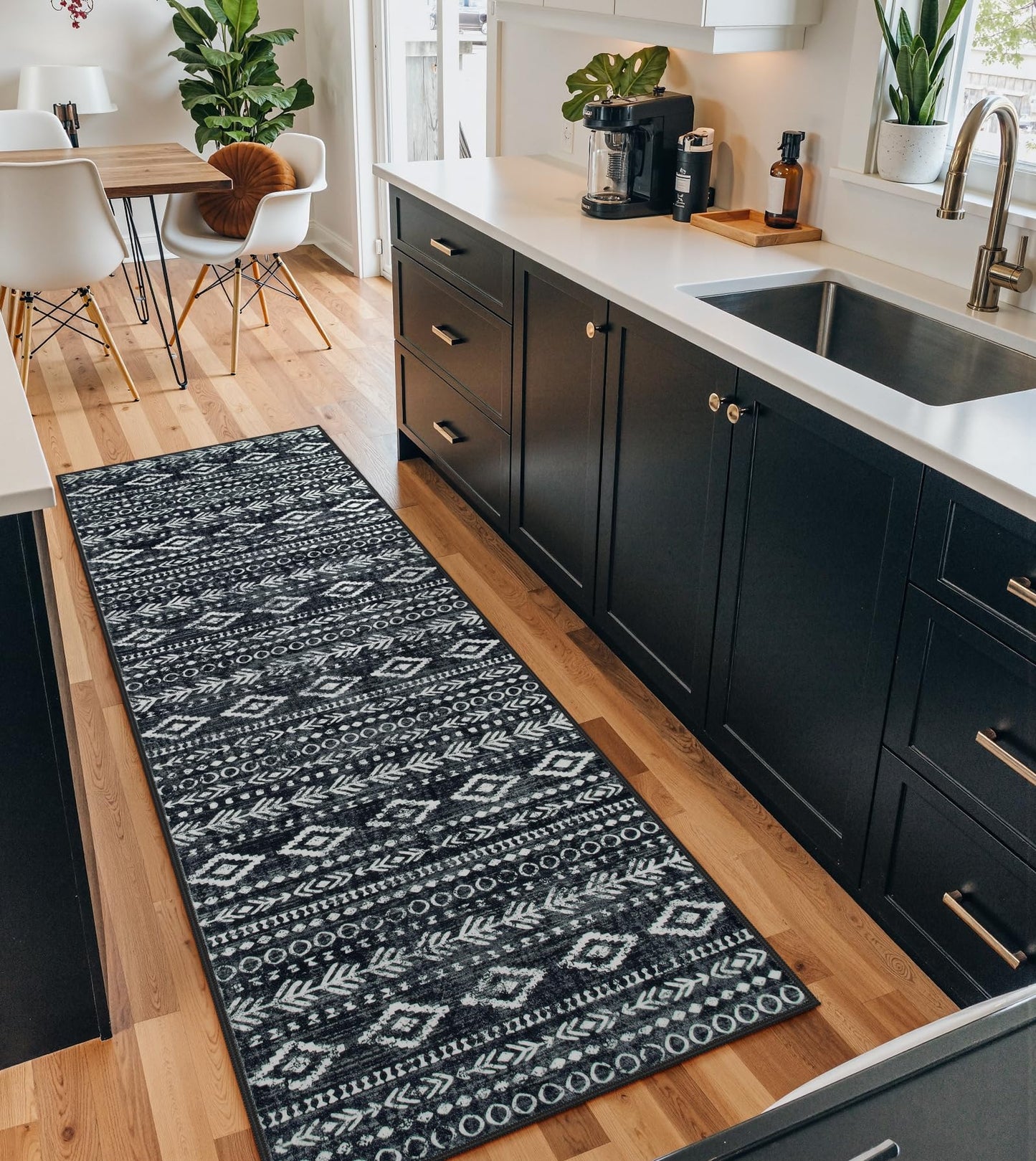 Lahome Moroccan Runners for Hallways, Washable 2.5x8 Black White Hallway Runner Rug Non-Slip, Low-Pile Soft Tribal Print Boho Indoor Bedroom Carpet Runners 8ft for Entryway Kitchen Laundry Varena
