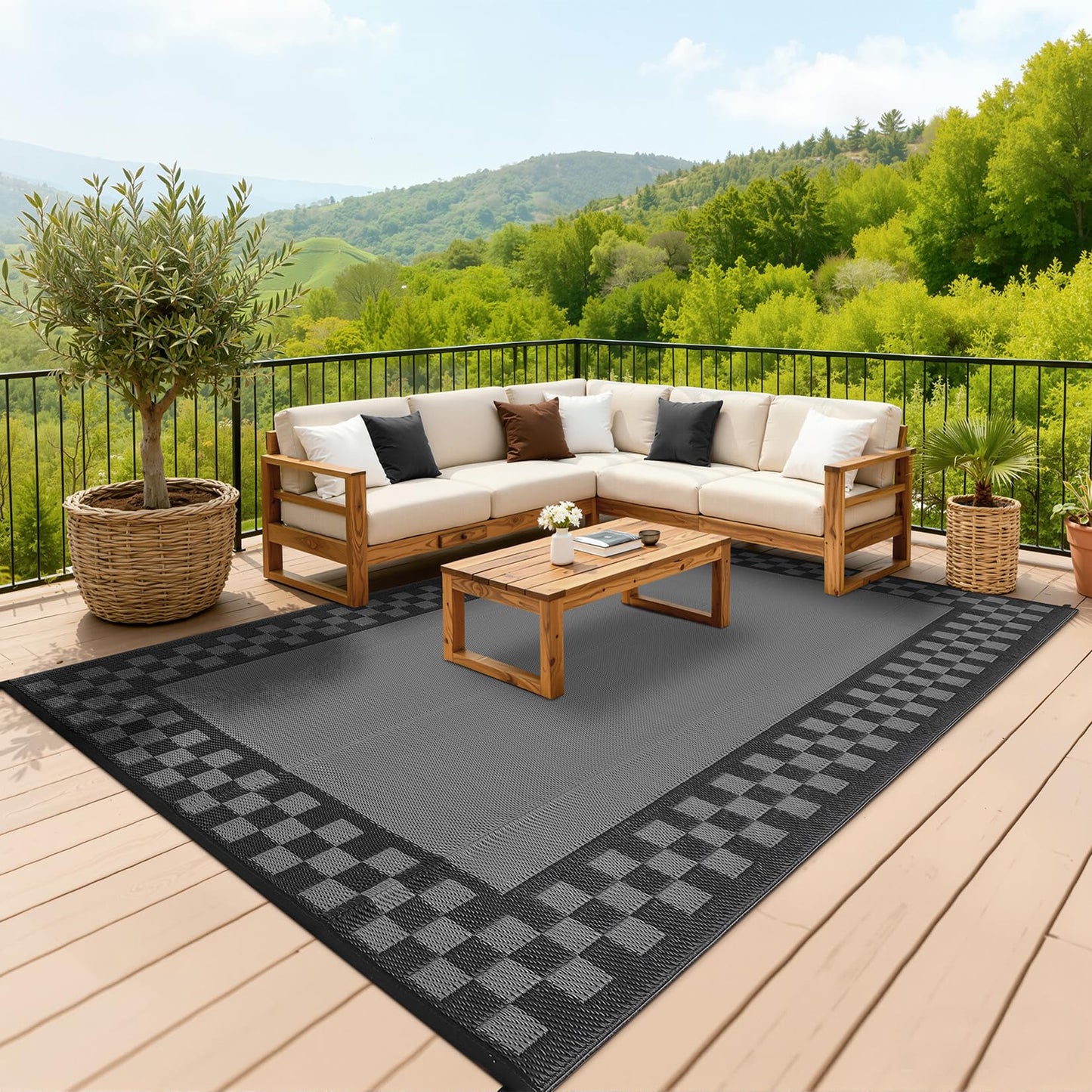 Checkered Outdoor Rug 8x10 Waterproof Modern Bordered Patio Rugs Plastic Straw Rug Large Indoor Outdoor Throw Carpets Reversible Mat for Picnic, Backyard, Rv, Beach, Deck, Camper, Balcony, Grey