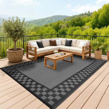 Checkered Outdoor Rug 8x10 Waterproof Modern Bordered Patio Rugs Plastic Straw Rug Large Indoor Outdoor Throw Carpets Reversible Mat for Picnic, Backyard, Rv, Beach, Deck, Camper, Balcony, Grey
