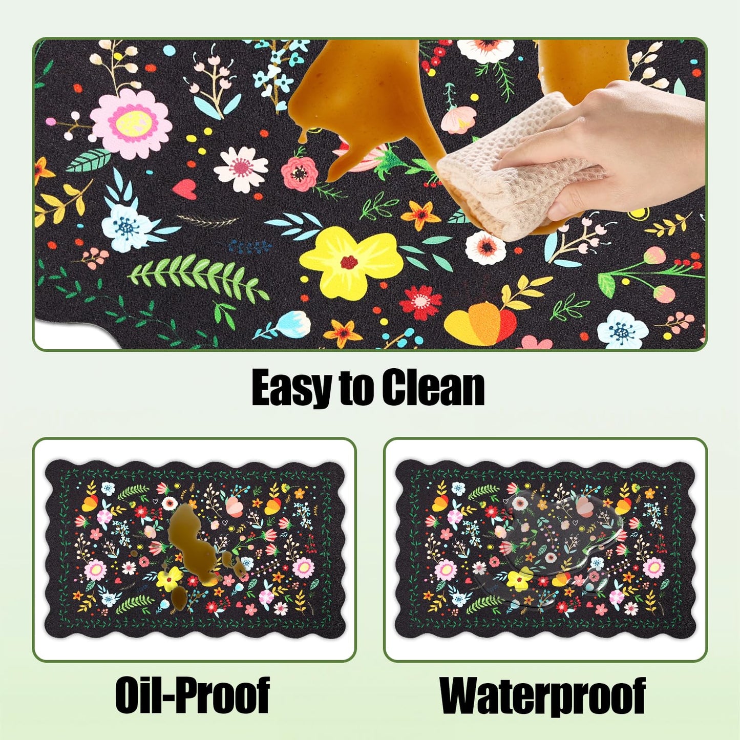 CQKEDMA Scalloped Kitchen Mats for Floor 3 Piece Set, Kitchen Floor Mat Non Slip Washable, Narrow Kitchen Runner Rugs Waterproof Boho Floral Standing Mat Door Mat for Sink Laundry, Hallways, Black