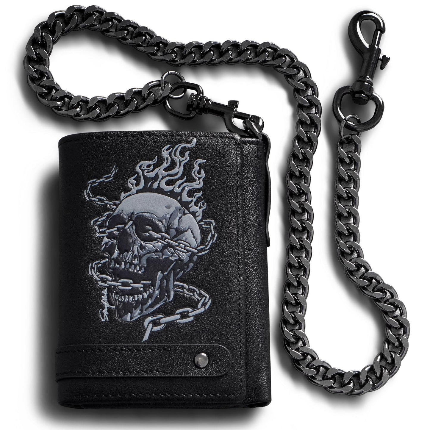 skneephate Men's Wallet With Chain Skull Trifold Wallets For Men,Soft Leather Wallet Chains Rfid Blocking Cool Mens Gift Idea (black)