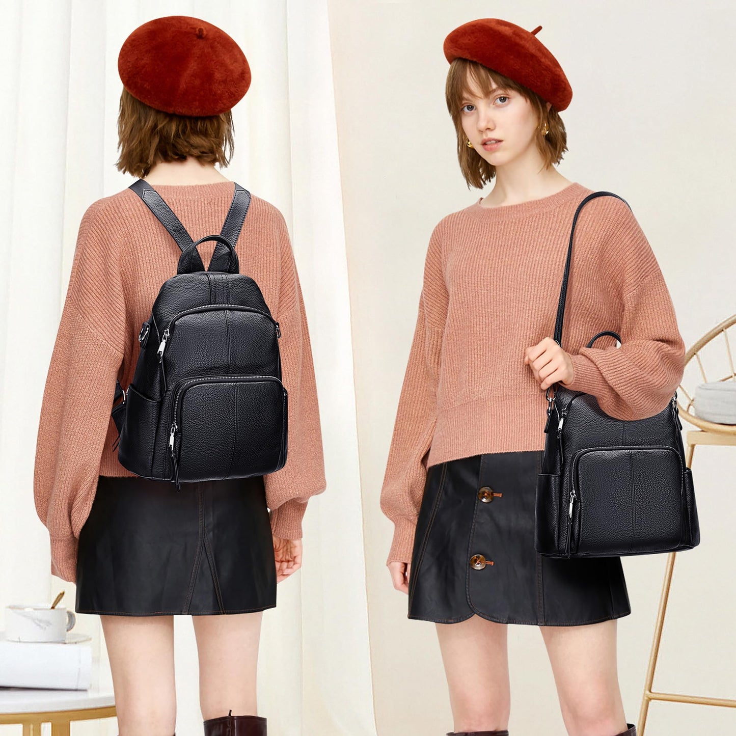 ALTOSY Soft Leather Backpack Purse For Women -theft Backpacks Versatile Shoulder Bag（S81 Black）