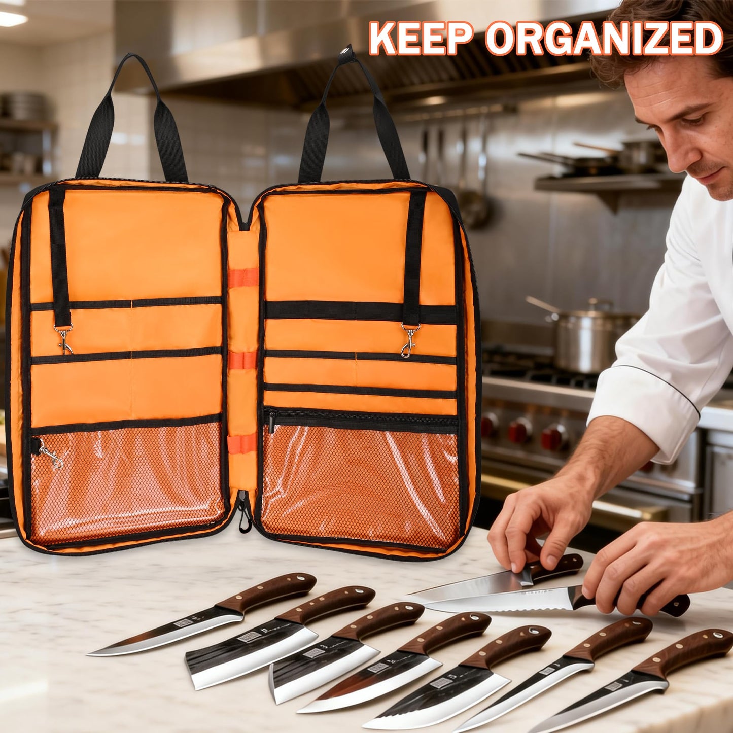 FURIMETY Professional Knife Bag with Front Pocket for Cookbook & Pad, Chef Knife Bag With Shoulder Strap, Knife Carrying Case for Kitchen Tools & Chef Utensils, Quilted Black