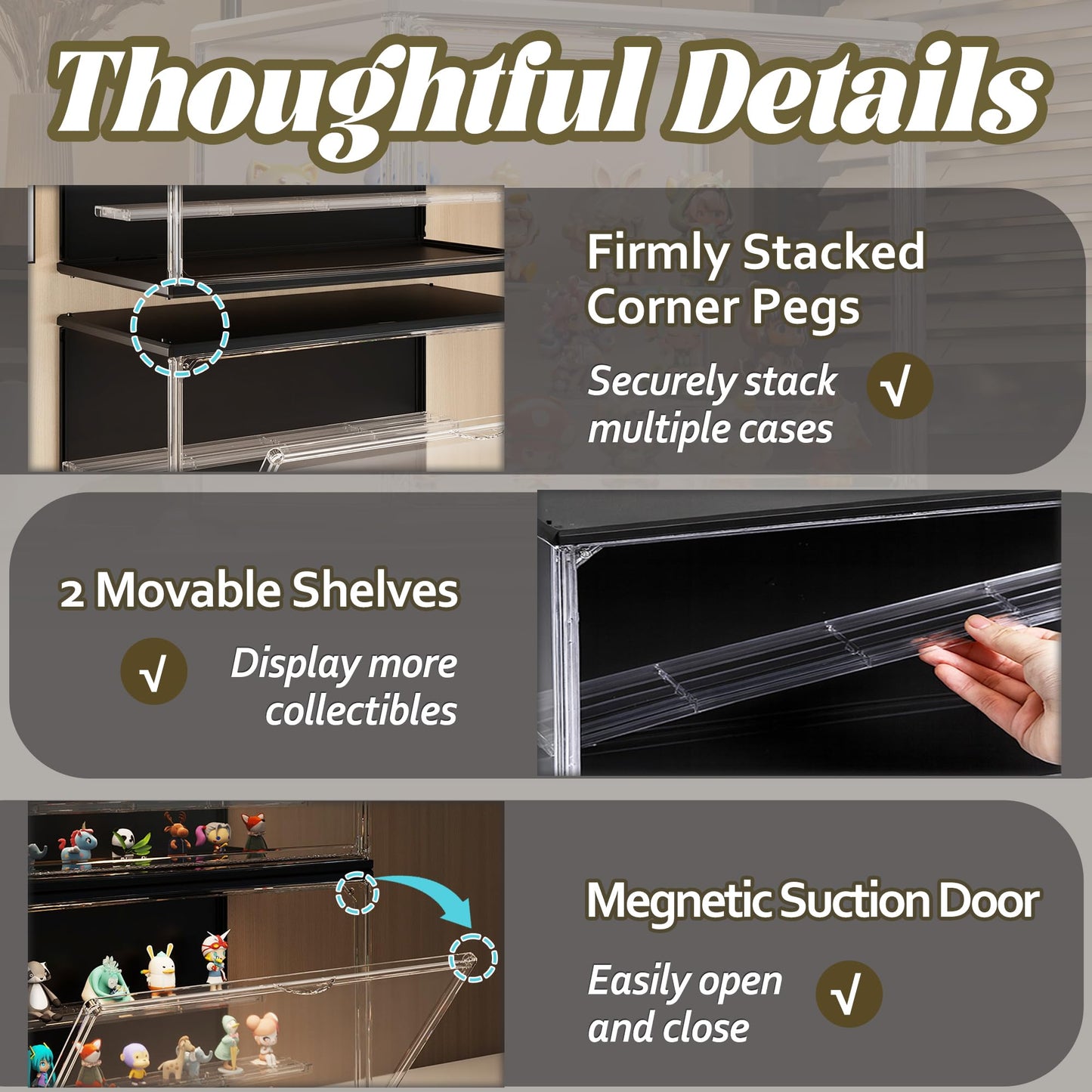 VERSSURE Clear Display Case for Collectibles, 3-Tier Adjustable Figure Display Case with LED Light, Stackable Acrylic Showcase with Magnetic Door for Jewelry,Collectibles (Black, 1 Pack-8.7" H)