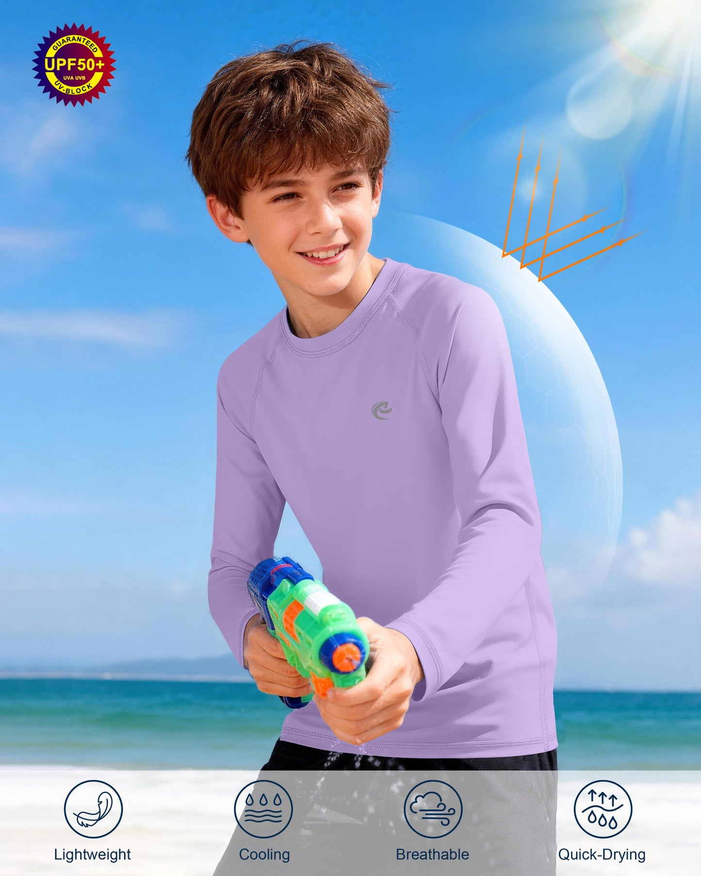 Boys UPF 50+ Swim Shirt Long Sleeve, 1 or 2 Pack UV Sun Protection Rash Guard, Youth Kids SPF Water Shirts for Beach Surf