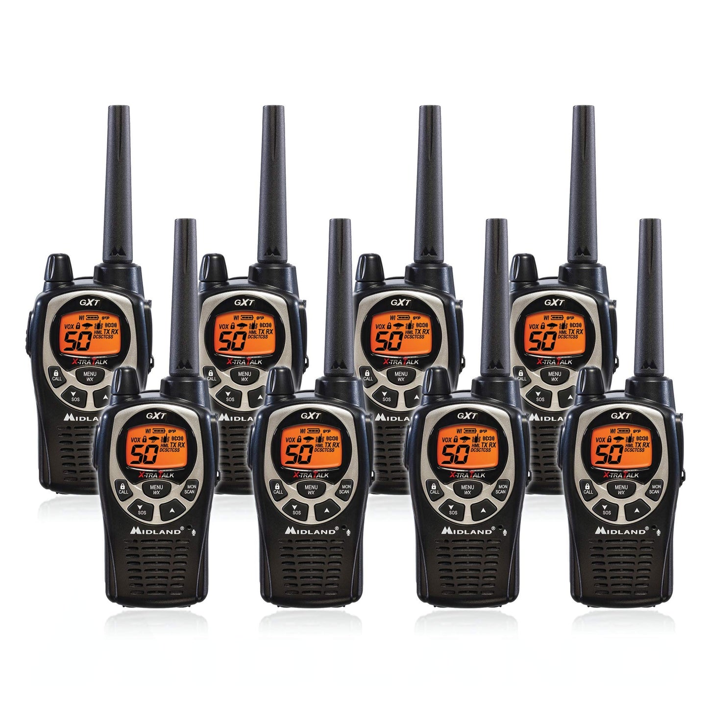 Midland GXT1000 GMRS Walkie Talkie - Long Range Two Way Radio with NOAA Weather Scan + Alert, 50 Channels, and 142 Privacy Codes (Black/Silver, 10 Radios)