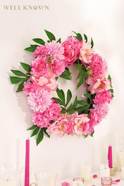 WELL KNOWN Silk Peony Wreaths for Front Door, Artificial Flower Wreath for Seasonal Decor, Indoor Wall Window for Home Decor, Shops Farmhouse Wedding Party Thanksgiving Christmas (Pink)