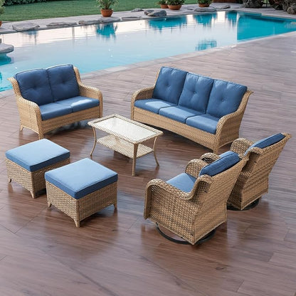 Rilyson Patio Furniture Swivel Chairs Set - 7 PC Wicker Rattan Outdoor Sectional Conversation Sets with 2 Rocking Chairs,2 Ottoman,1 Sofa,1 Loveseat and 1 Coffee Table for Porch Deck(Yellow/Blue)