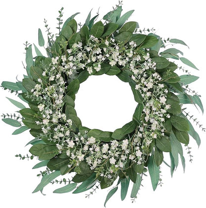 26'' Eucalyptus and Babys Breath Flowers Wreath for Front Door - Large Artificial Greenery Outdoor Wreath for Porch,Window,Farmhouse,Home,Hanging Decor- Spring, Summer, All Seasons (Green-White)