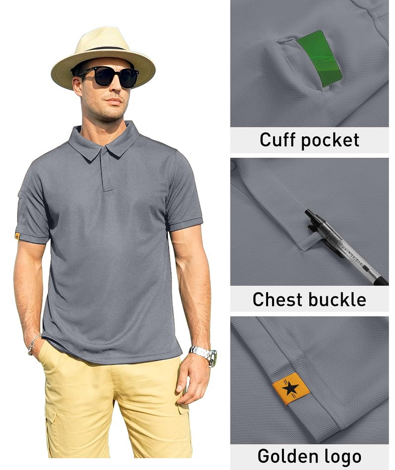 ZITY Mens Polo Shirt Short Sleeve Sports Tactical T-Shirt Athletic Golf Polos Daily Casual Stylish Collared Shirts for Men Light Grey Large