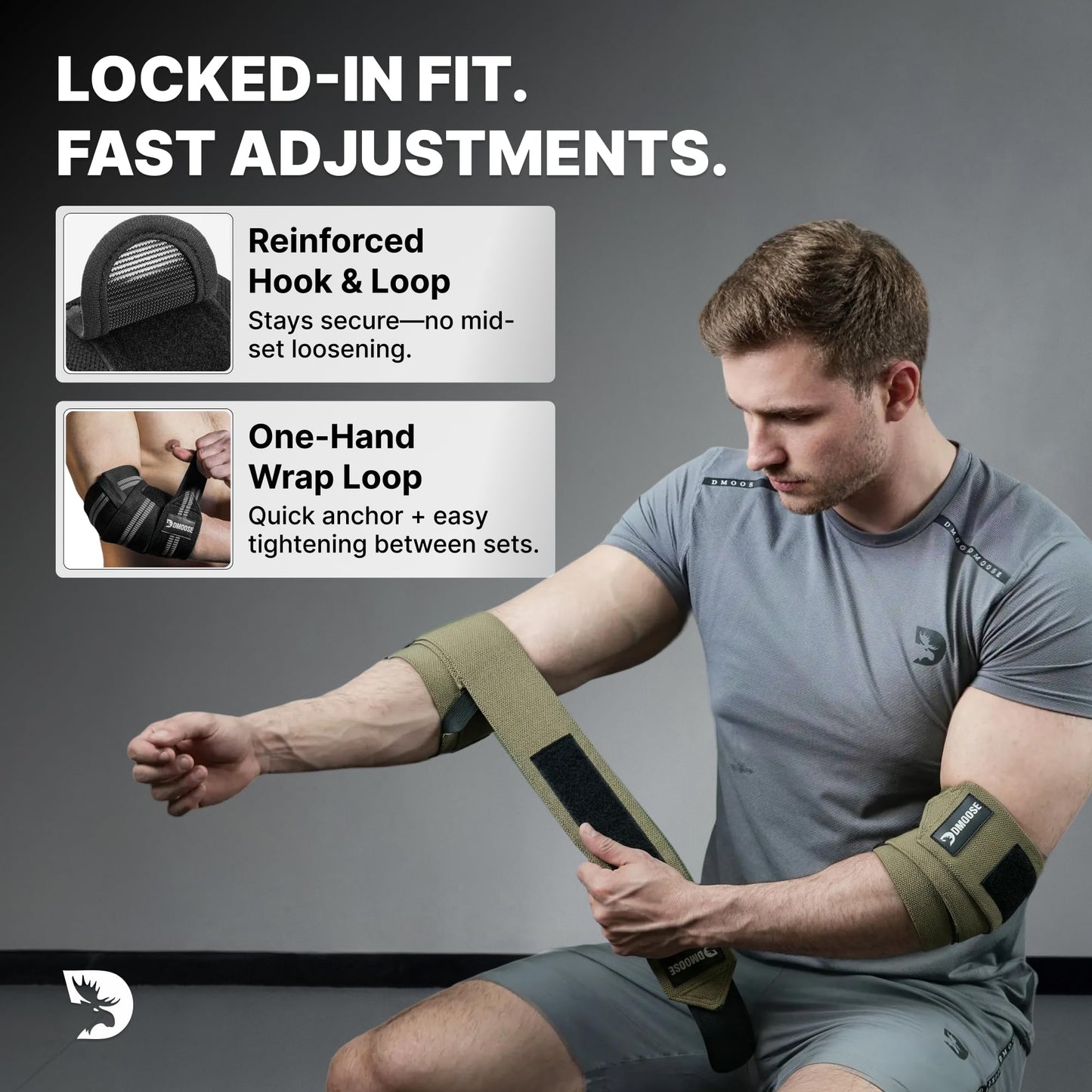 DMoose Fitness Elbow Wraps for Weightlifting (Pair) - 40'' Adjustable Elbow Strap for Gym Workout, Bench Press & Powerlifting - Compression Wraps for Tendonitis & Joint Support (Tan)
