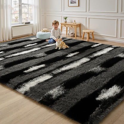 FALARK Fluffy Area Rugs for Bedroom Living Room, 4x6 Black and Grey Soft Plush Striped Rug, Modern Indoor Non Slip Washable Carpet, Furry Throw Carpets for Home Decor