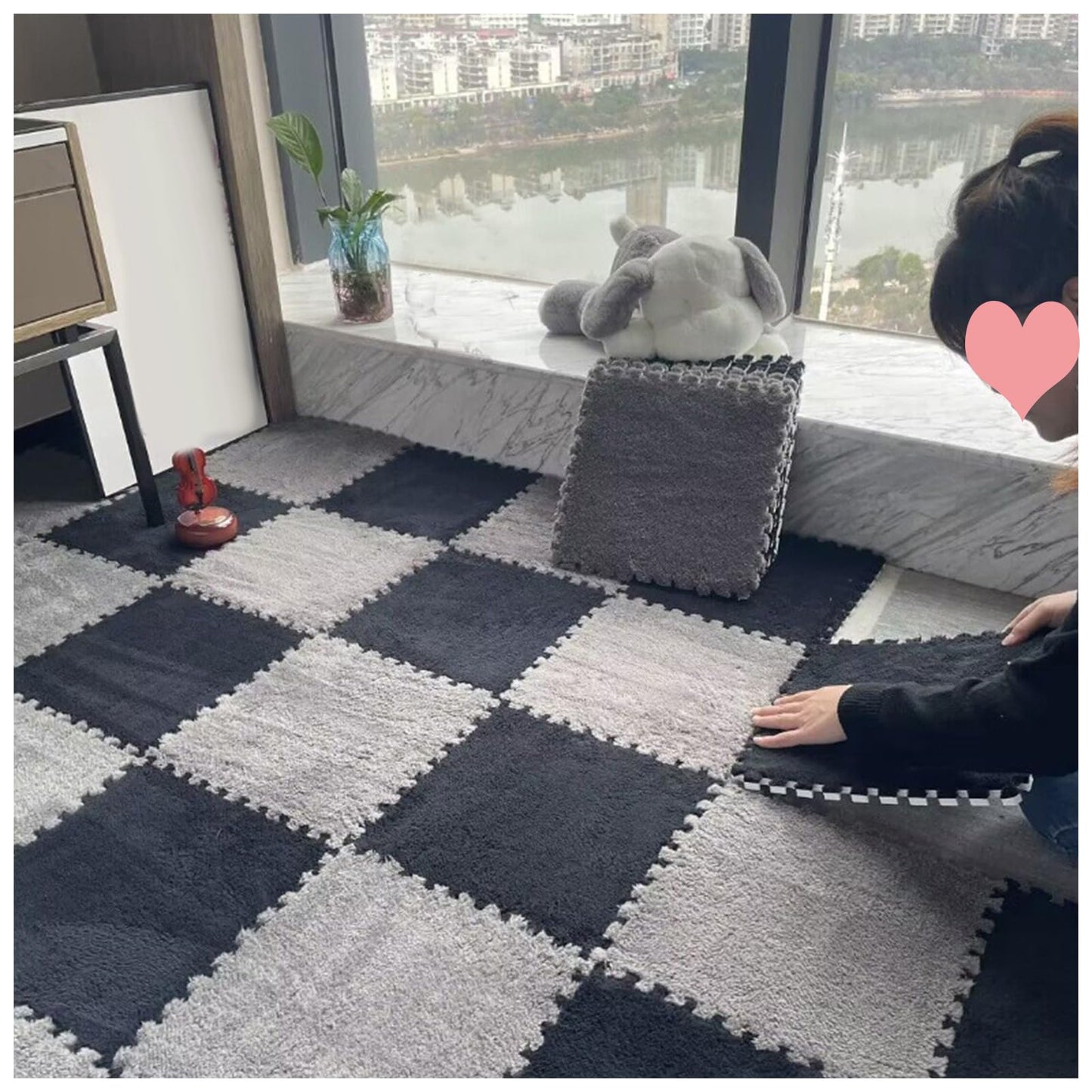 24Pcs Plush Foam Floor Mat Square Interlocking Carpet Tiles 12X12 Inch Puzzle Piece Carpet Squares Thick Fluffy Foam Floor Tiles Carpet for Parlor Bedroom (Black+Lightbrown)