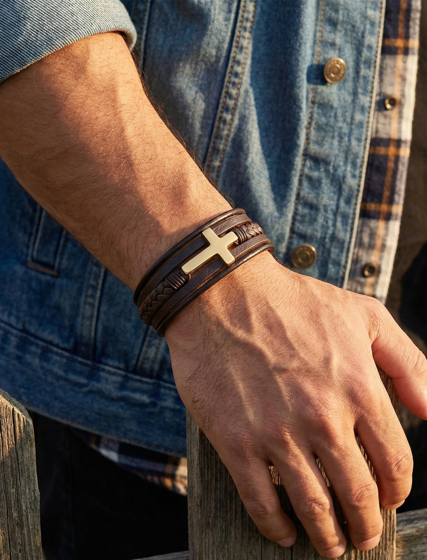 Mrcaois Mens Gold & Brown Leather Bracelet, Charm Cross Wristband - Stylish Fashion Jewelry for Men, Birthday - 8.3 Inch