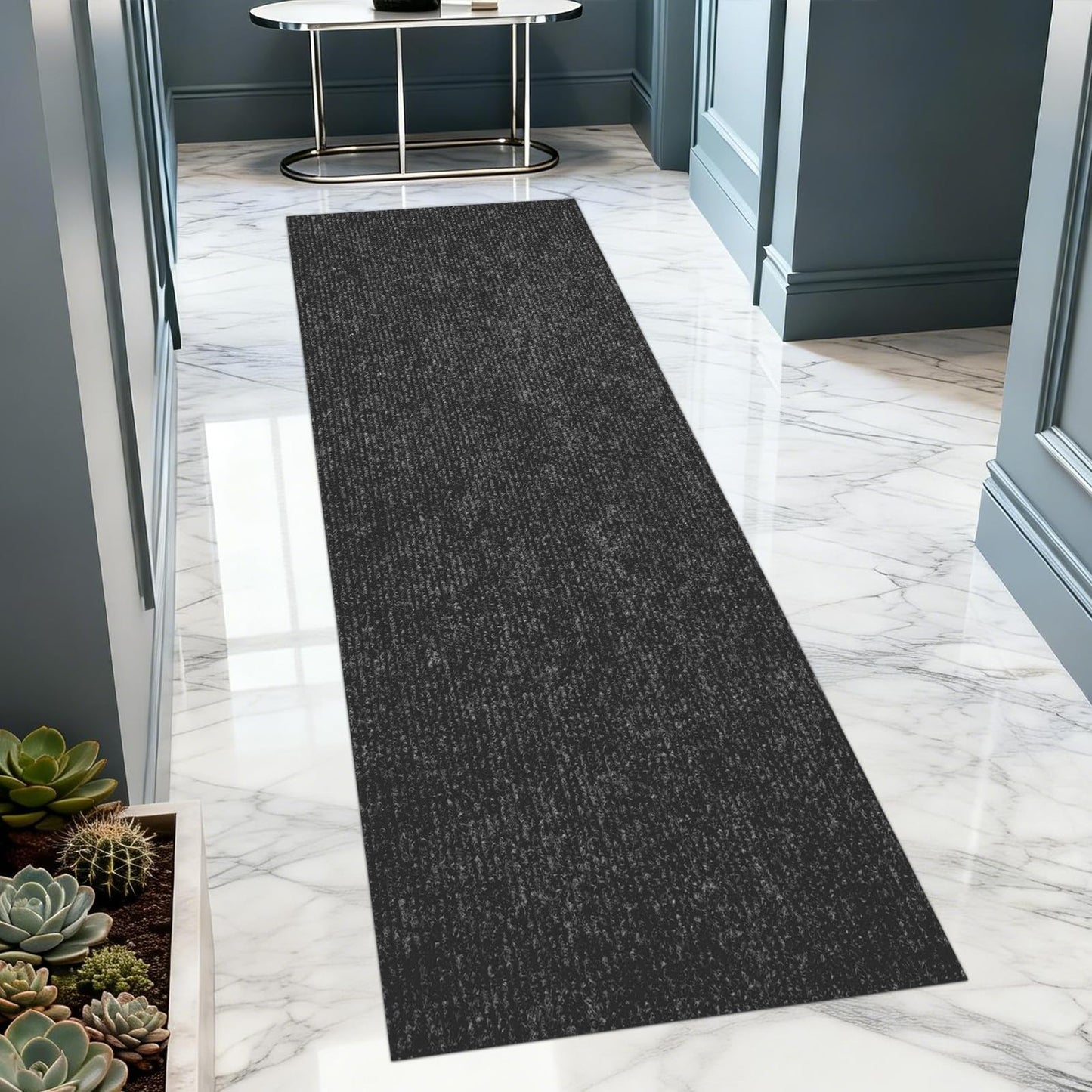 2x8 ft Outdoor Runner Rug, Non-Slip Indoor Outdoor Carpet Runner with TPR Backing, Waterproof Mat for Hallway, Kitchen, Patio, Garage, Deck, Entryway, Black Fine Stripes