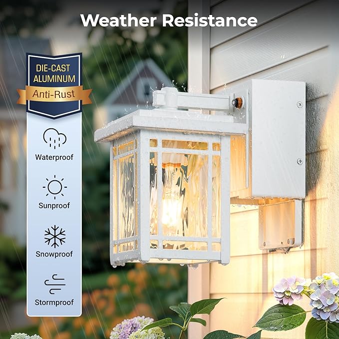 2-Pack Outdoor Wall Light with GFCI Outlet, White Dusk to Dawn Exterior Light Fixture Wall Lantern, Waterproof Front Porch Lights Wall Mount, Modern Outdoor Coach Lights with Water Ripple Glass