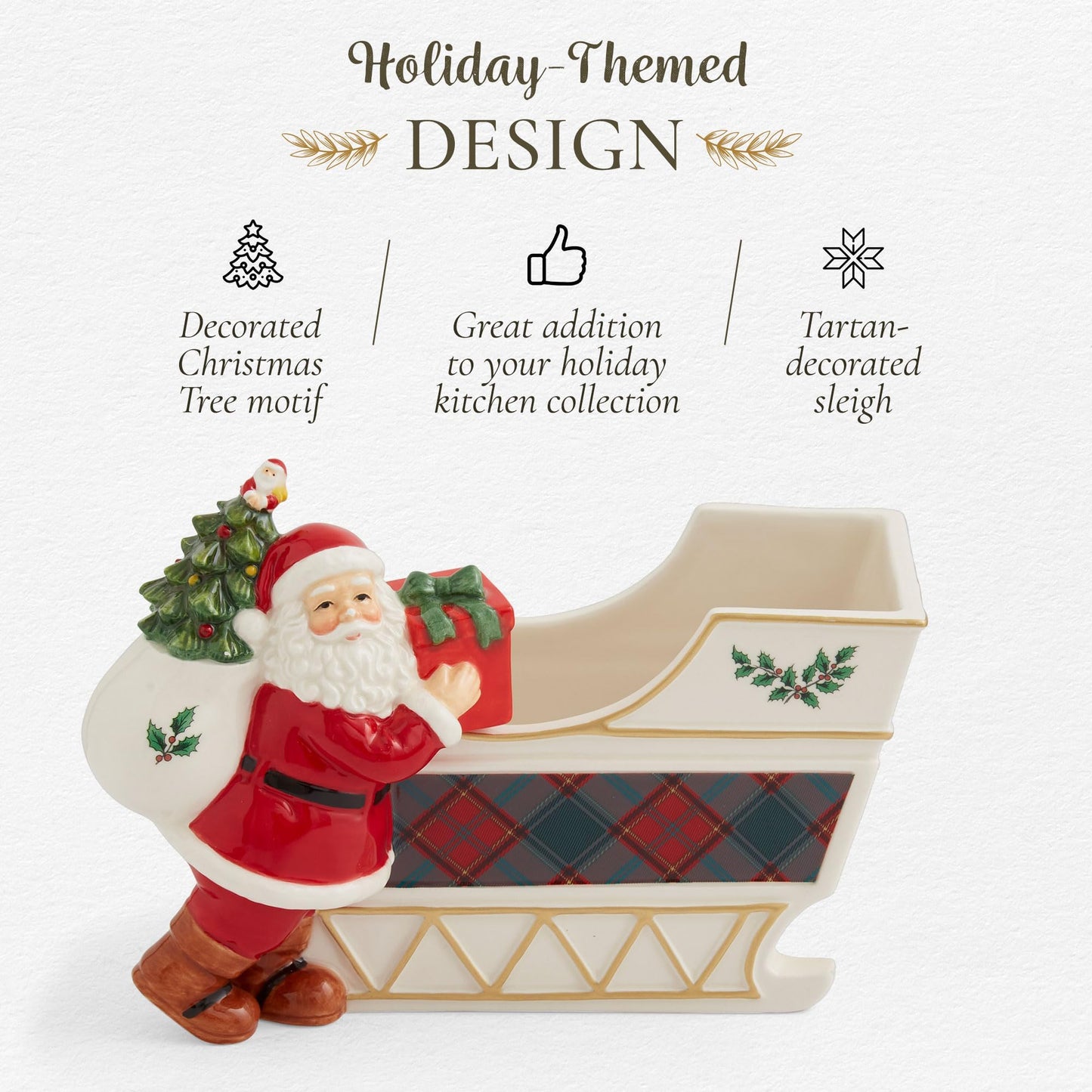 Spode Christmas Tree Santa Sleigh Candy Jar - 8-Inch Christmas Candy Storage Container - Fine Dolomite Figural Santa Sleigh Snack Jar for Holiday Decor, Dessert Tables, Gift Displays