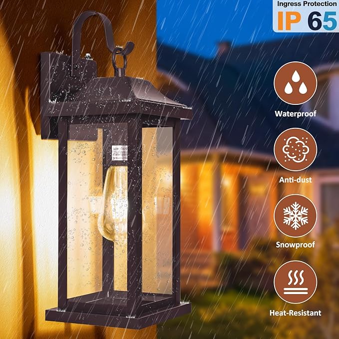 Dusk to Dawn Outdoor Lighting for House 17 Inch Large 1-Pack, Oil Rubbed Bronze Exterior Light Fixture for Front Porch Light with Clear Tempered Glass Waterproof Outside Wall Mounted Lamp