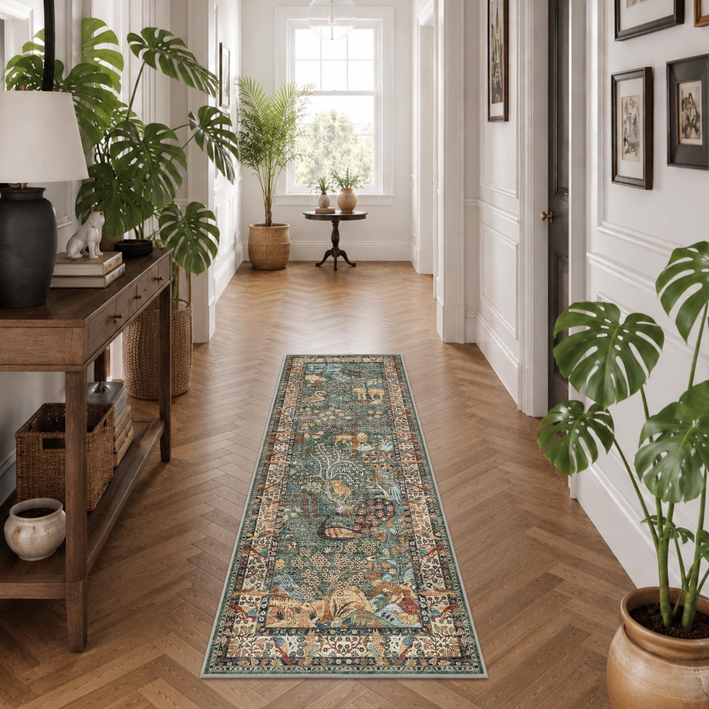 Runner Rug 2x6 Animal Botanical Trees Print Rug Vintage Kitchen Rugs Low Pile Non Slip Stain Resistant Hallway Runners Whimsical Long Carpets for Living Room Bedroom, Laundry Dorm, Green