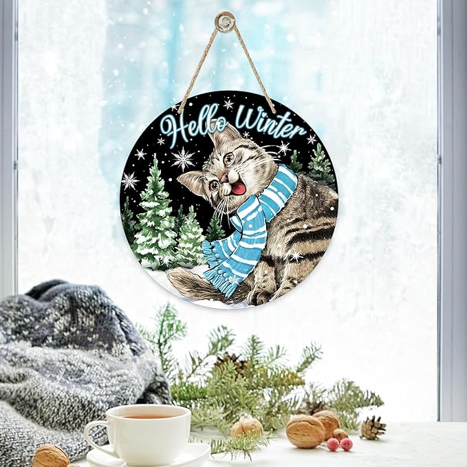 Deroro Hello Winter Cat Black Front Door Sign, Kitty Kitten Pine Tree Snowflakes Wood Door Hanger Outdoor Outside Porch Decor, Christmas Holiday Seasonal Wooden Wreath Indoor Wall Hanging Decoration