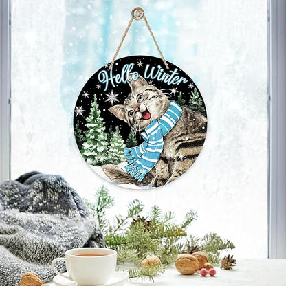 Deroro Hello Winter Cat Black Front Door Sign, Kitty Kitten Pine Tree Snowflakes Wood Door Hanger Outdoor Outside Porch Decor, Christmas Holiday Seasonal Wooden Wreath Indoor Wall Hanging Decoration