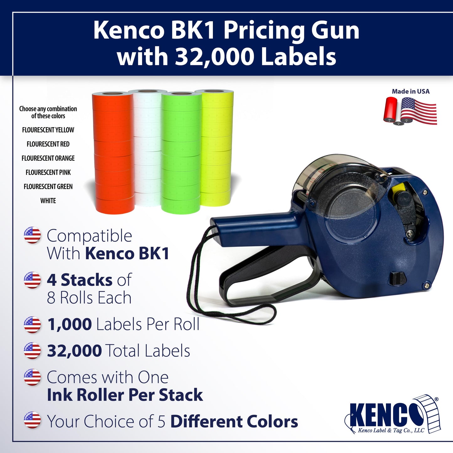 Kenco BK 1 Line Price Gun Kit - Includes 6,000 Labels, 2 Ink Rollers, Label Scraper - 8 Digit Labeler for Pricing, Dating, and Coding (BK-1 KIT Standard)